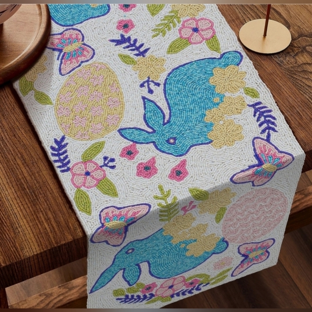 Bedding Craft Beaded‎ Table Runner Easter Bunny Butterfly Floral Pastel 13x36